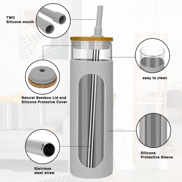 Tronco 22oz Glass Tumbler with Bamboo Lid and Straw Glass Cup For BobaIced CoffeeSmoothie Spill Proof Glass Water Bottle With Silicone Protective Sleeve Dishwasher SafeBPA FreeGray