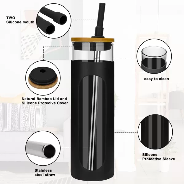 Tronco 22oz Glass Tumbler with Bamboo Lid and Straw Glass Cup For BobaIced CoffeeSmoothie Spill Proof Glass Water Bottle With Silicone Protective Sleeve Dishwasher SafeBPA FreeBlack
