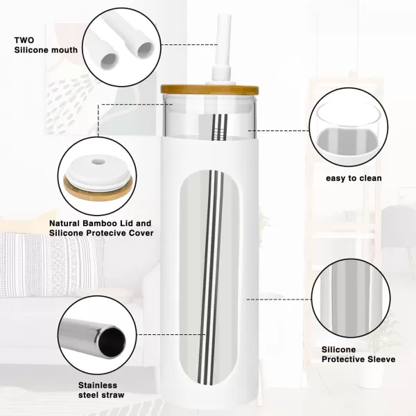 Tronco 22oz Glass Tumbler with Bamboo Lid and Straw Glass Cup For BobaIced CoffeeSmoothie Spill Proof Glass Water Bottle With Silicone Protective Sleeve Dishwasher SafeBPA FreeWhite