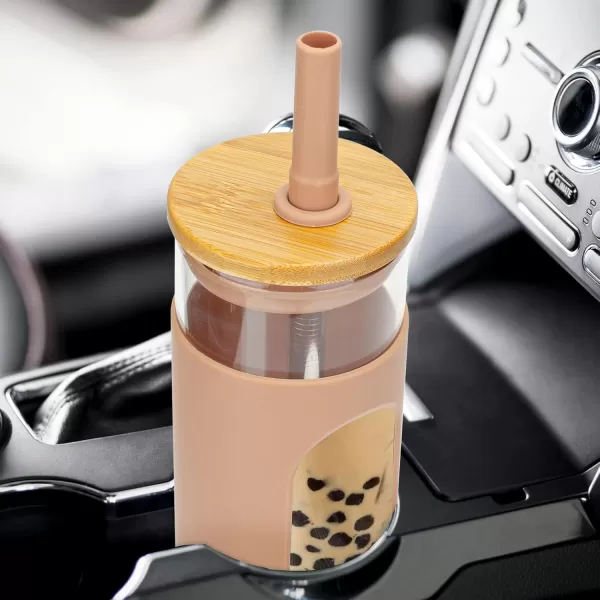 Tronco 22oz Glass Tumbler with Bamboo Lid and Straw Glass Cup For BobaIced CoffeeSmoothie Spill Proof Glass Water Bottle With Silicone Protective Sleeve Dishwasher SafeBPA FreePink