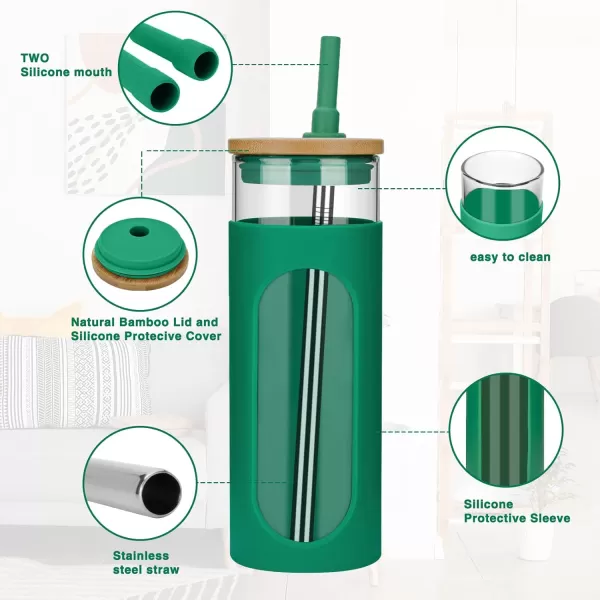 Tronco 22oz Glass Tumbler with Bamboo Lid and Straw Glass Cup For BobaIced CoffeeSmoothie Spill Proof Glass Water Bottle With Silicone Protective Sleeve Dishwasher SafeBPA FreeBlackishGreen