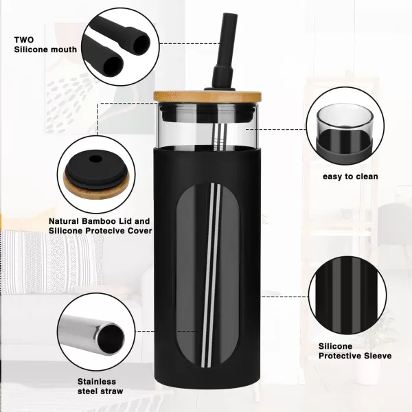 Tronco 22oz Glass Tumbler with Bamboo Lid and Straw Glass Cup For BobaIced CoffeeSmoothie Spill Proof Glass Water Bottle With Silicone Protective Sleeve Dishwasher SafeBPA FreeBlack