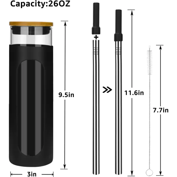 Tronco 22oz Glass Tumbler with Bamboo Lid and Straw Glass Cup For BobaIced CoffeeSmoothie Spill Proof Glass Water Bottle With Silicone Protective Sleeve Dishwasher SafeBPA FreeBlack