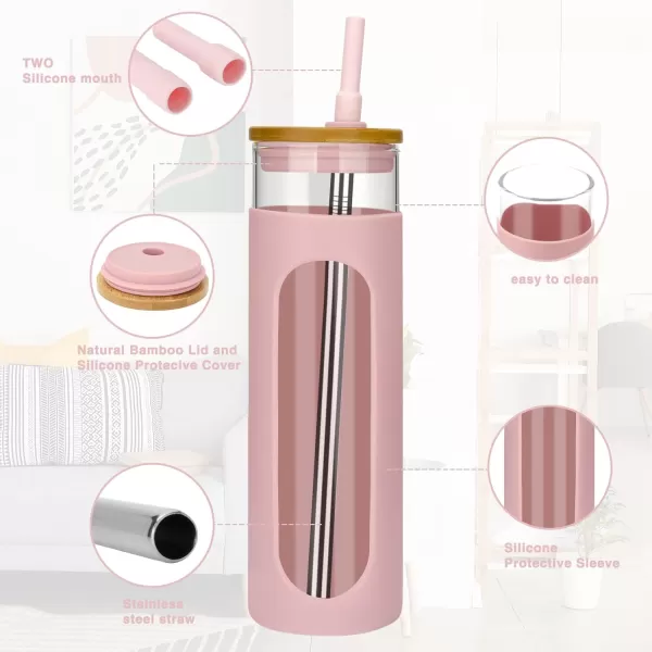 Tronco 22oz Glass Tumbler with Bamboo Lid and Straw Glass Cup For BobaIced CoffeeSmoothie Spill Proof Glass Water Bottle With Silicone Protective Sleeve Dishwasher SafeBPA FreePink