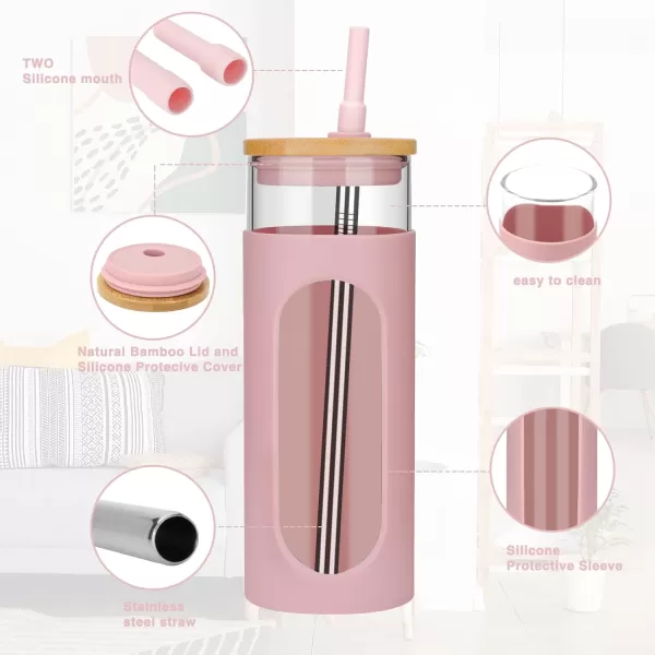 Tronco 22oz Glass Tumbler with Bamboo Lid and Straw Glass Cup For BobaIced CoffeeSmoothie Spill Proof Glass Water Bottle With Silicone Protective Sleeve Dishwasher SafeBPA FreePink