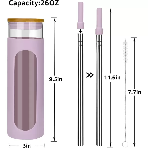 Tronco 22oz Glass Tumbler with Bamboo Lid and Straw Glass Cup For BobaIced CoffeeSmoothie Spill Proof Glass Water Bottle With Silicone Protective Sleeve Dishwasher SafeBPA FreePinkPurple