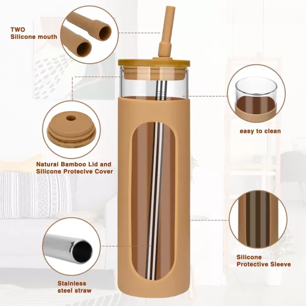 Tronco 22oz Glass Tumbler with Bamboo Lid and Straw Glass Cup For BobaIced CoffeeSmoothie Spill Proof Glass Water Bottle With Silicone Protective Sleeve Dishwasher SafeBPA FreeAmber