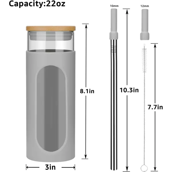 Tronco 22oz Glass Tumbler with Bamboo Lid and Straw Glass Cup For BobaIced CoffeeSmoothie Spill Proof Glass Water Bottle With Silicone Protective Sleeve Dishwasher SafeBPA FreeGray