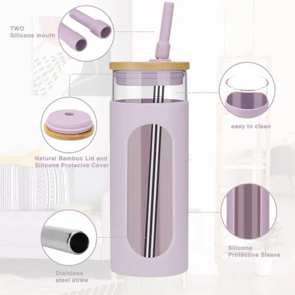 Tronco 22oz Glass Tumbler with Bamboo Lid and Straw Glass Cup For BobaIced CoffeeSmoothie Spill Proof Glass Water Bottle With Silicone Protective Sleeve Dishwasher SafeBPA FreePurple