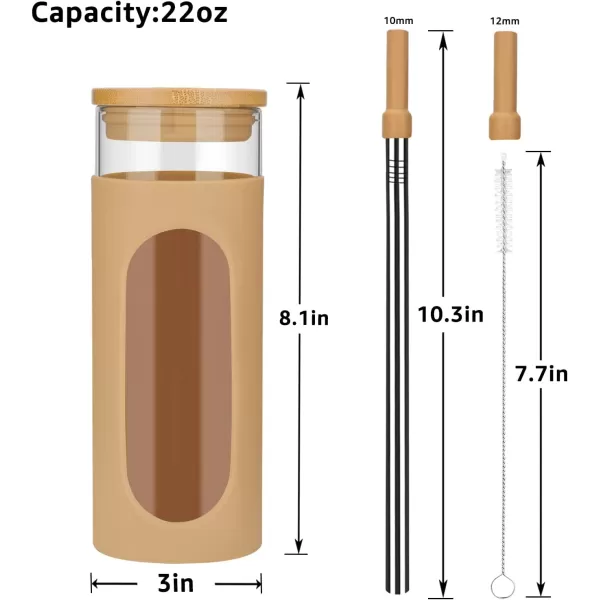 Tronco 22oz Glass Tumbler with Bamboo Lid and Straw Glass Cup For BobaIced CoffeeSmoothie Spill Proof Glass Water Bottle With Silicone Protective Sleeve Dishwasher SafeBPA FreeAmber