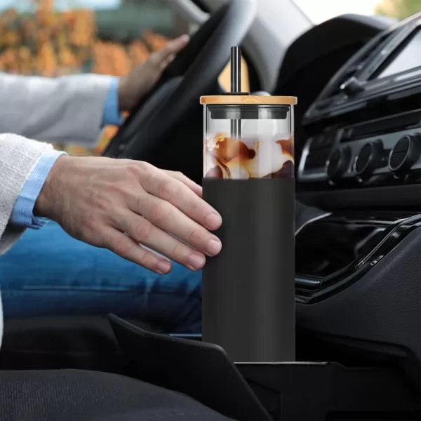 Tronco 24 oz Glass Tumbler with Straw and Lid  Glass Cup with Lid and Straw Smoothie Cup Iced Coffee Cup  Bamboo Lid and Protective Silicone Sleeve  BPAFreeAmber