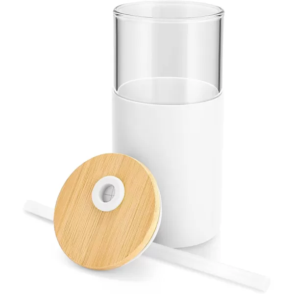 Tronco 24 oz Glass Tumbler with Straw and Lid  Glass Cup with Lid and Straw Smoothie Cup Iced Coffee Cup  Bamboo Lid and Protective Silicone Sleeve  BPAFreeWhite2 Pack