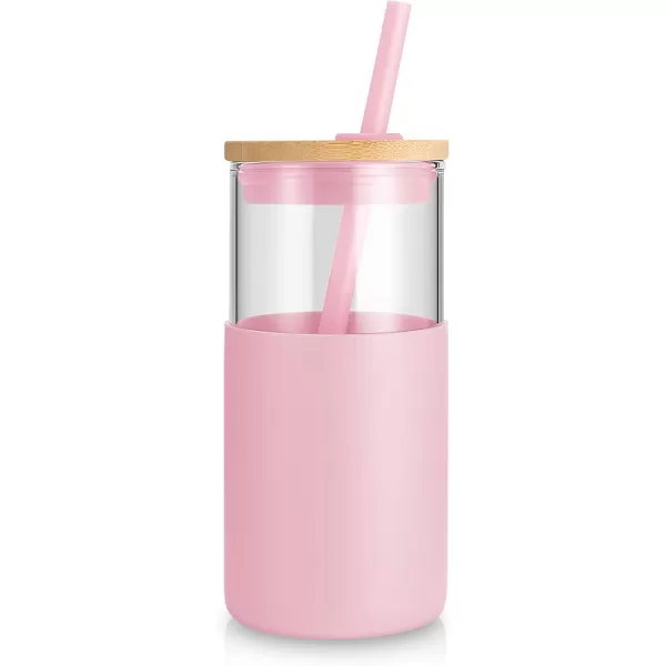Tronco 24 oz Glass Tumbler with Straw and Lid  Glass Cup with Lid and Straw Smoothie Cup Iced Coffee Cup  Bamboo Lid and Protective Silicone Sleeve  BPAFreePink