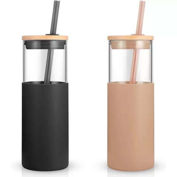 Tronco 24 oz Glass Tumbler with Straw and Lid  Glass Cup with Lid and Straw Smoothie Cup Iced Coffee Cup  Bamboo Lid and Protective Silicone Sleeve  BPAFreeBlack Amber2 Pack
