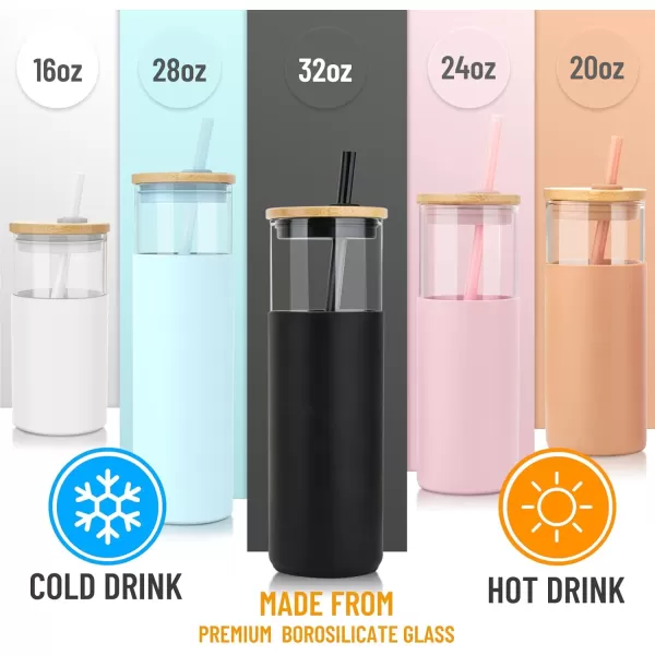 Tronco 24 oz Glass Tumbler with Straw and Lid  Glass Cup with Lid and Straw Smoothie Cup Iced Coffee Cup  Bamboo Lid and Protective Silicone Sleeve  BPAFreeWhite2 Pack