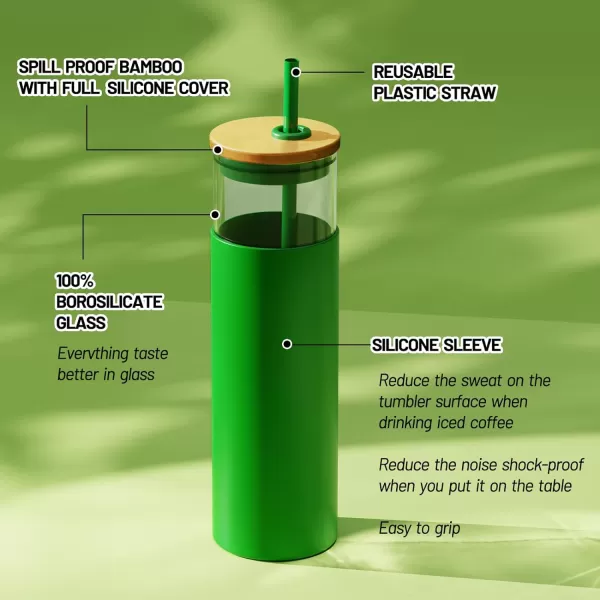 Tronco 24 oz Glass Tumbler with Straw and Lid  Glass Cup with Lid and Straw Smoothie Cup Iced Coffee Cup  Bamboo Lid and Protective Silicone Sleeve  BPAFreeAmber