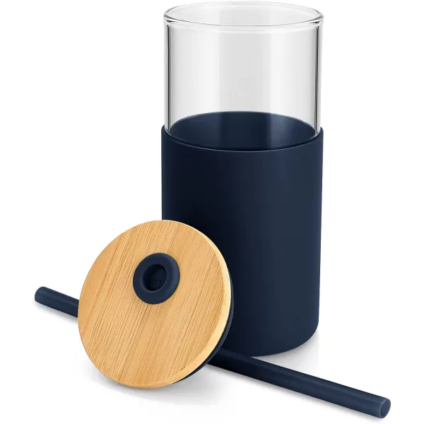 Tronco 24 oz Glass Tumbler with Straw and Lid  Glass Cup with Lid and Straw Smoothie Cup Iced Coffee Cup  Bamboo Lid and Protective Silicone Sleeve  BPAFreeBlue Horizon