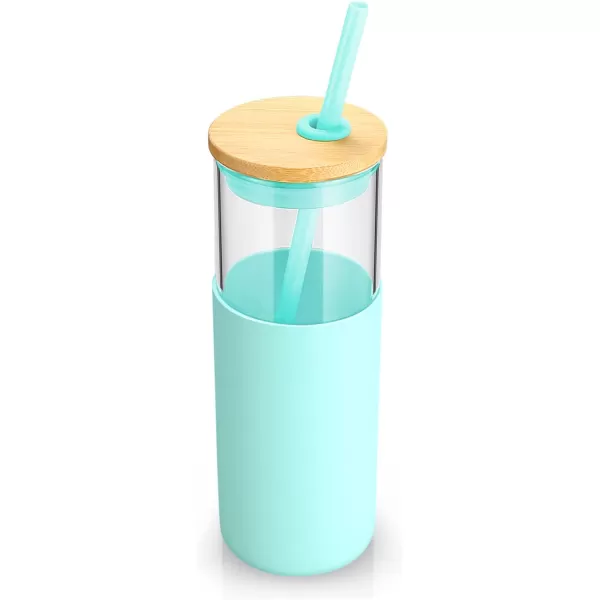 Tronco 24 oz Glass Tumbler with Straw and Lid  Glass Cup with Lid and Straw Smoothie Cup Iced Coffee Cup  Bamboo Lid and Protective Silicone Sleeve  BPAFreeBlessed Blue