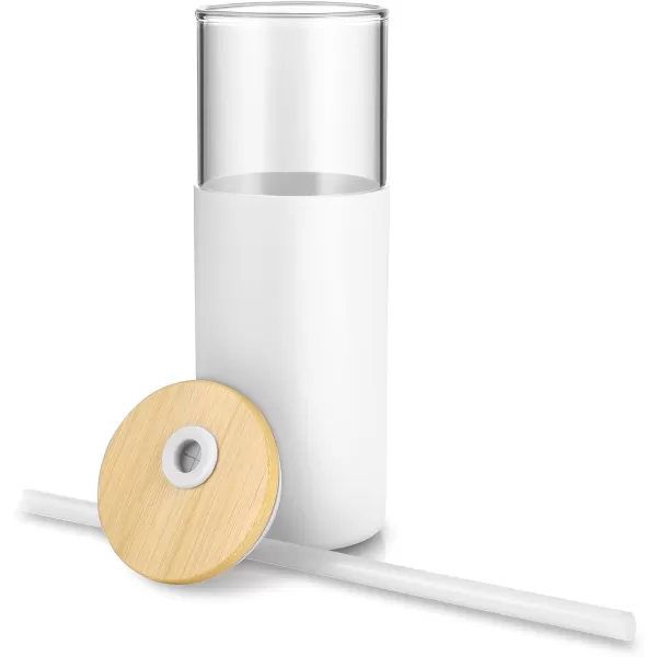 Tronco 24 oz Glass Tumbler with Straw and Lid  Glass Cup with Lid and Straw Smoothie Cup Iced Coffee Cup  Bamboo Lid and Protective Silicone Sleeve  BPAFreeWhite