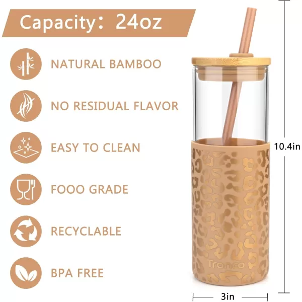 Tronco 24 oz Glass Tumbler with Straw and Lid  Glass Cup with Lid and Straw Smoothie Cup Iced Coffee Cup  Bamboo Lid and Protective Silicone Sleeve  BPAFreeAmber leopard