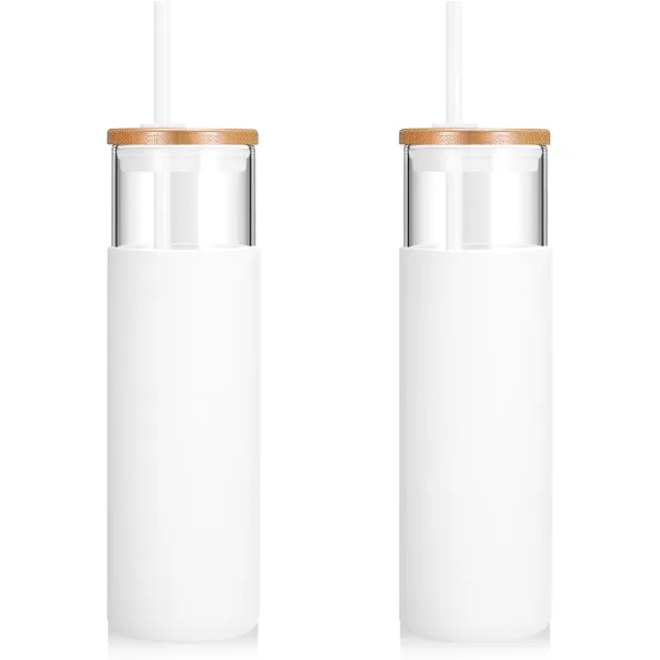 Tronco 24 oz Glass Tumbler with Straw and Lid  Glass Cup with Lid and Straw Smoothie Cup Iced Coffee Cup  Bamboo Lid and Protective Silicone Sleeve  BPAFreeWhite2 Pack