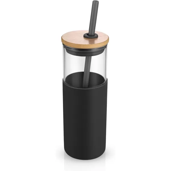 Tronco 24 oz Glass Tumbler with Straw and Lid  Glass Cup with Lid and Straw Smoothie Cup Iced Coffee Cup  Bamboo Lid and Protective Silicone Sleeve  BPAFreeBlack