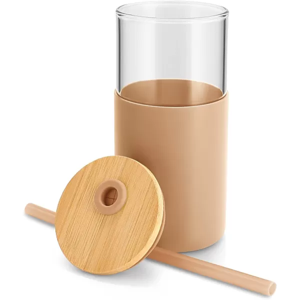 Tronco 24 oz Glass Tumbler with Straw and Lid  Glass Cup with Lid and Straw Smoothie Cup Iced Coffee Cup  Bamboo Lid and Protective Silicone Sleeve  BPAFreeAmber