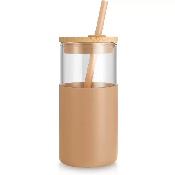 Tronco 24 oz Glass Tumbler with Straw and Lid  Glass Cup with Lid and Straw Smoothie Cup Iced Coffee Cup  Bamboo Lid and Protective Silicone Sleeve  BPAFreeAmber