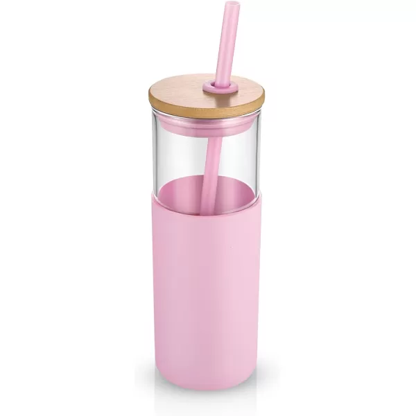 Tronco 24 oz Glass Tumbler with Straw and Lid  Glass Cup with Lid and Straw Smoothie Cup Iced Coffee Cup  Bamboo Lid and Protective Silicone Sleeve  BPAFreePink