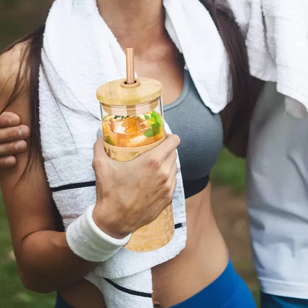 Tronco 24 oz Glass Tumbler with Straw and Lid  Glass Cup with Lid and Straw Smoothie Cup Iced Coffee Cup  Bamboo Lid and Protective Silicone Sleeve  BPAFreeAmber leopard