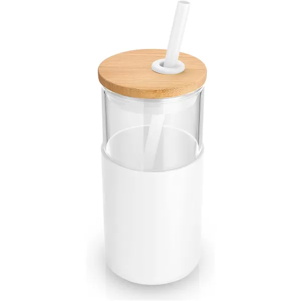 Tronco 24 oz Glass Tumbler with Straw and Lid  Glass Cup with Lid and Straw Smoothie Cup Iced Coffee Cup  Bamboo Lid and Protective Silicone Sleeve  BPAFreeWhite2 Pack