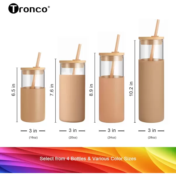 Tronco 24 oz Glass Tumbler with Straw and Lid  Glass Cup with Lid and Straw Smoothie Cup Iced Coffee Cup  Bamboo Lid and Protective Silicone Sleeve  BPAFreeAmber