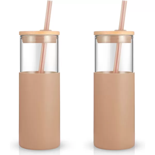 Tronco 24 oz Glass Tumbler with Straw and Lid  Glass Cup with Lid and Straw Smoothie Cup Iced Coffee Cup  Bamboo Lid and Protective Silicone Sleeve  BPAFreeAmber2 Pack