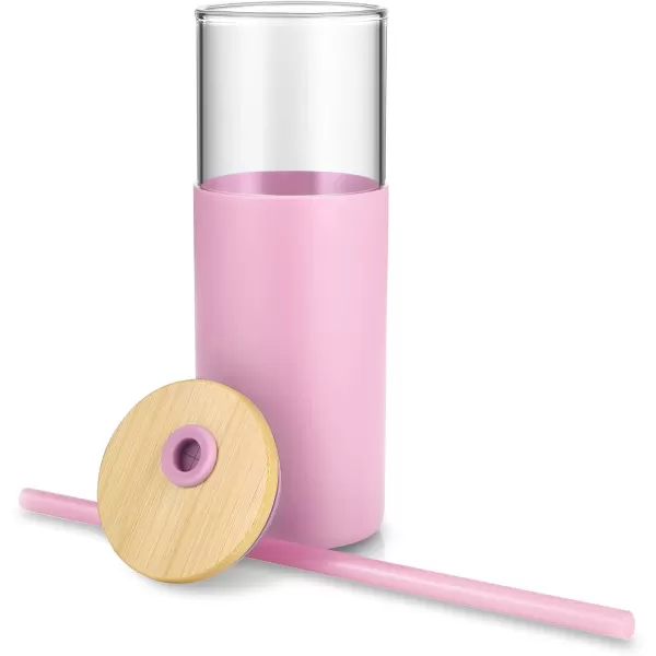 Tronco 24 oz Glass Tumbler with Straw and Lid  Glass Cup with Lid and Straw Smoothie Cup Iced Coffee Cup  Bamboo Lid and Protective Silicone Sleeve  BPAFreePink