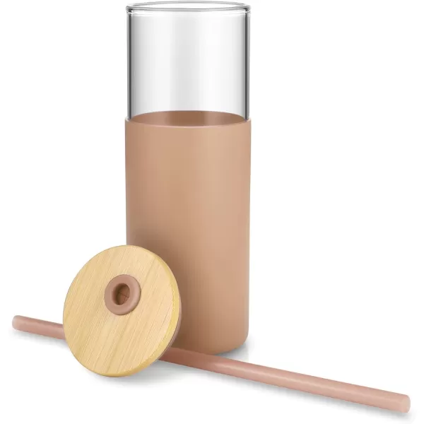Tronco 24 oz Glass Tumbler with Straw and Lid  Glass Cup with Lid and Straw Smoothie Cup Iced Coffee Cup  Bamboo Lid and Protective Silicone Sleeve  BPAFreeAmber