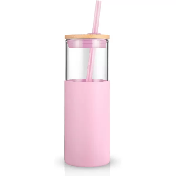 Tronco 24 oz Glass Tumbler with Straw and Lid  Glass Cup with Lid and Straw Smoothie Cup Iced Coffee Cup  Bamboo Lid and Protective Silicone Sleeve  BPAFreePink