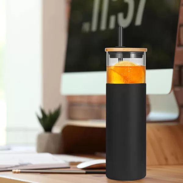 Tronco 24 oz Glass Tumbler with Straw and Lid  Glass Cup with Lid and Straw Smoothie Cup Iced Coffee Cup  Bamboo Lid and Protective Silicone Sleeve  BPAFreeBlack