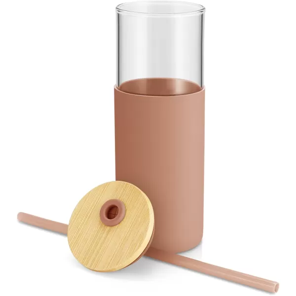 Tronco 24 oz Glass Tumbler with Straw and Lid  Glass Cup with Lid and Straw Smoothie Cup Iced Coffee Cup  Bamboo Lid and Protective Silicone Sleeve  BPAFreeCoffee Color