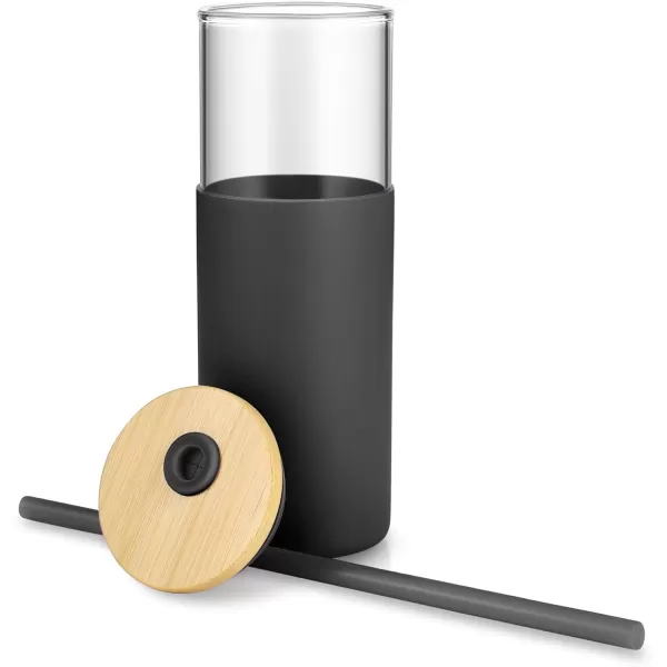 Tronco 24 oz Glass Tumbler with Straw and Lid  Glass Cup with Lid and Straw Smoothie Cup Iced Coffee Cup  Bamboo Lid and Protective Silicone Sleeve  BPAFreeBlack