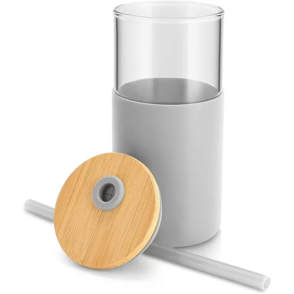 Tronco 24 oz Glass Tumbler with Straw and Lid  Glass Cup with Lid and Straw Smoothie Cup Iced Coffee Cup  Bamboo Lid and Protective Silicone Sleeve  BPAFreeFrench Grey