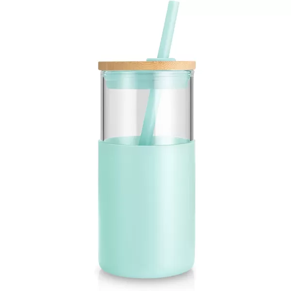 Tronco 24 oz Glass Tumbler with Straw and Lid  Glass Cup with Lid and Straw Smoothie Cup Iced Coffee Cup  Bamboo Lid and Protective Silicone Sleeve  BPAFreeBlessed Blue