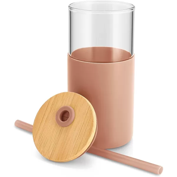 Tronco 24 oz Glass Tumbler with Straw and Lid  Glass Cup with Lid and Straw Smoothie Cup Iced Coffee Cup  Bamboo Lid and Protective Silicone Sleeve  BPAFreeCoffee Color