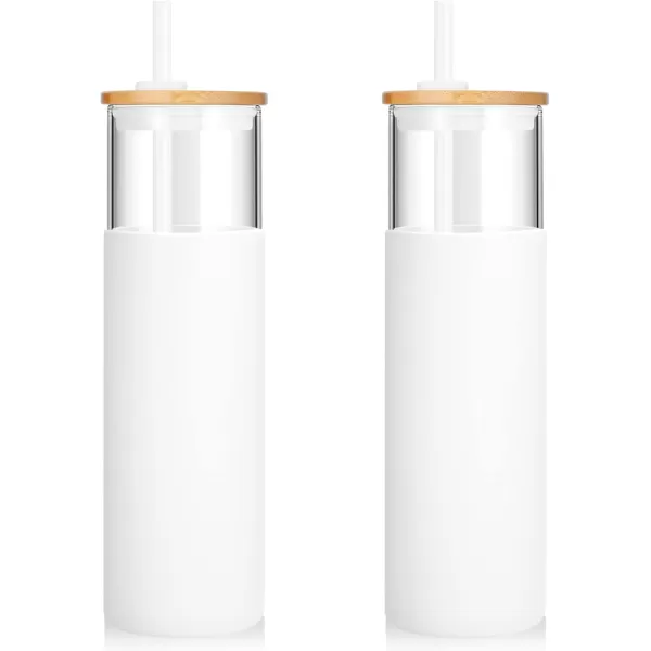 Tronco 24 oz Glass Tumbler with Straw and Lid  Glass Cup with Lid and Straw Smoothie Cup Iced Coffee Cup  Bamboo Lid and Protective Silicone Sleeve  BPAFreeWhite2 Pack