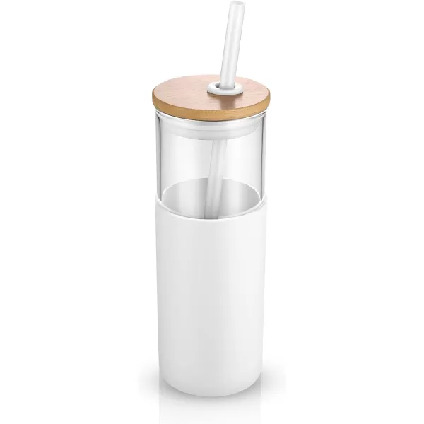 Tronco 24 oz Glass Tumbler with Straw and Lid  Glass Cup with Lid and Straw Smoothie Cup Iced Coffee Cup  Bamboo Lid and Protective Silicone Sleeve  BPAFreeWhite