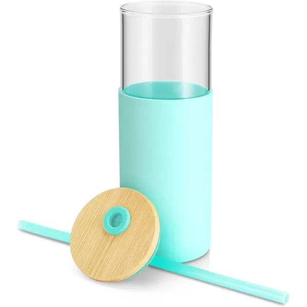 Tronco 24 oz Glass Tumbler with Straw and Lid  Glass Cup with Lid and Straw Smoothie Cup Iced Coffee Cup  Bamboo Lid and Protective Silicone Sleeve  BPAFreeBlessed Blue