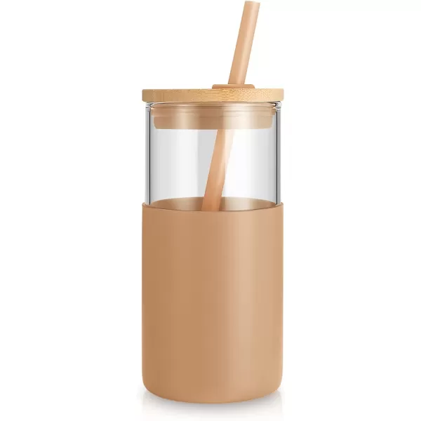 Tronco 24 oz Glass Tumbler with Straw and Lid  Glass Cup with Lid and Straw Smoothie Cup Iced Coffee Cup  Bamboo Lid and Protective Silicone Sleeve  BPAFreeAmber2 Pack