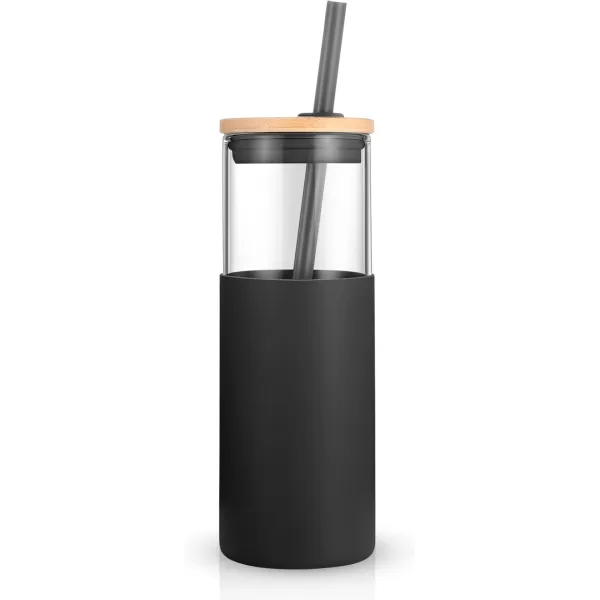 Tronco 24 oz Glass Tumbler with Straw and Lid  Glass Cup with Lid and Straw Smoothie Cup Iced Coffee Cup  Bamboo Lid and Protective Silicone Sleeve  BPAFreeBlack