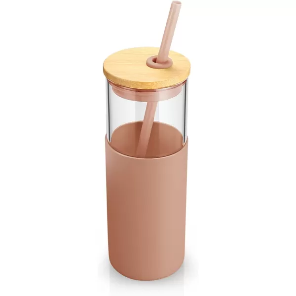 Tronco 24 oz Glass Tumbler with Straw and Lid  Glass Cup with Lid and Straw Smoothie Cup Iced Coffee Cup  Bamboo Lid and Protective Silicone Sleeve  BPAFreeCoffee Color
