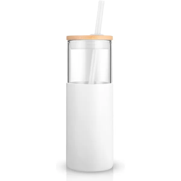 Tronco 24 oz Glass Tumbler with Straw and Lid  Glass Cup with Lid and Straw Smoothie Cup Iced Coffee Cup  Bamboo Lid and Protective Silicone Sleeve  BPAFreeWhite