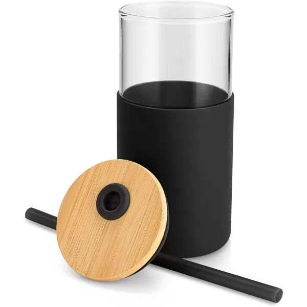 Tronco 24 oz Glass Tumbler with Straw and Lid  Glass Cup with Lid and Straw Smoothie Cup Iced Coffee Cup  Bamboo Lid and Protective Silicone Sleeve  BPAFreeBlack2 Pack